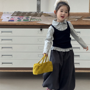 新品 吊带小毛衣 韩版 女童翻领木耳边T恤 2件套 童装 2025秋季