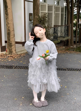 女童洋气时髦灰色卫衣裙2025春秋韩版中小童宝宝拼接纱裙连衣裙