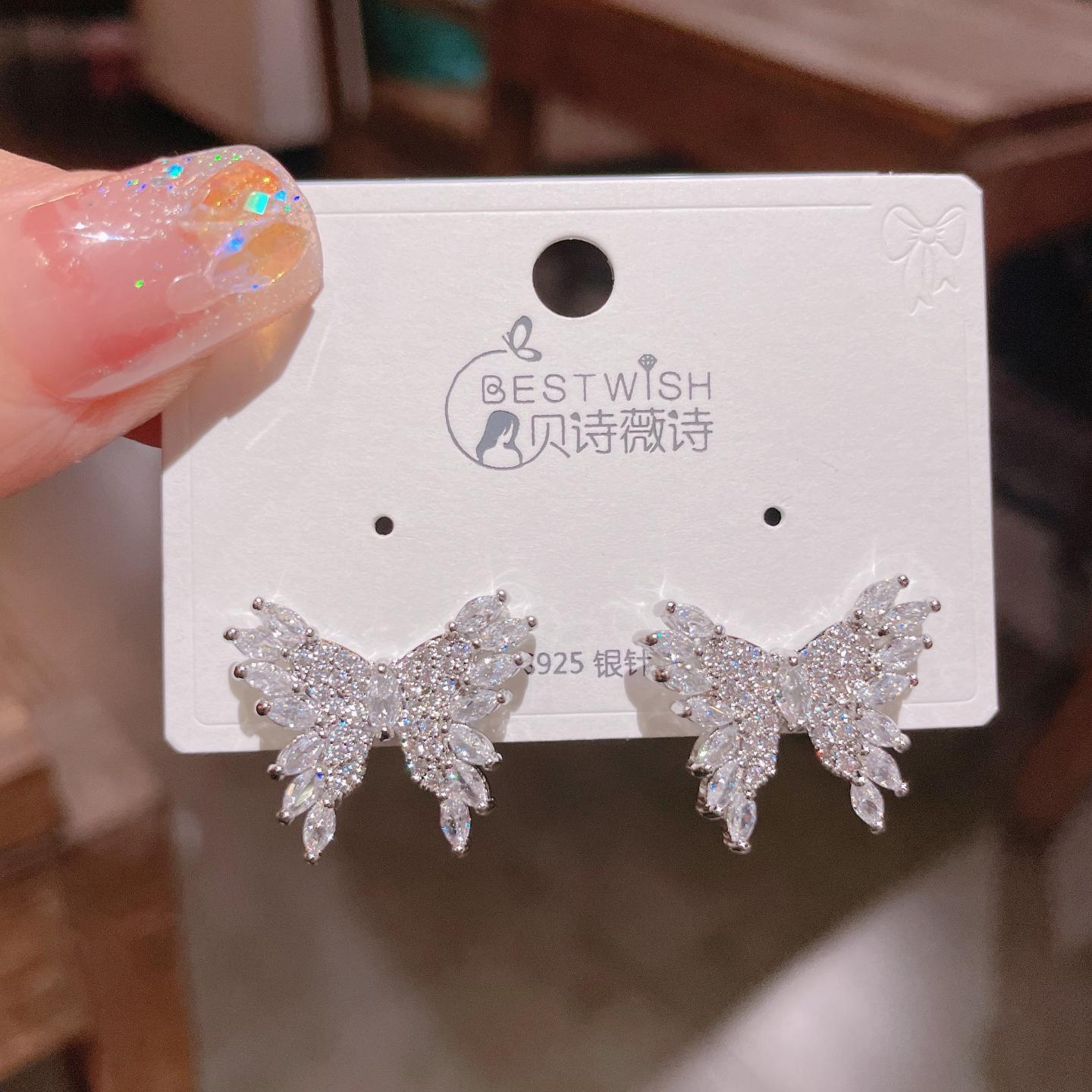 925银针锆石蝴蝶耳钉女轻奢简约