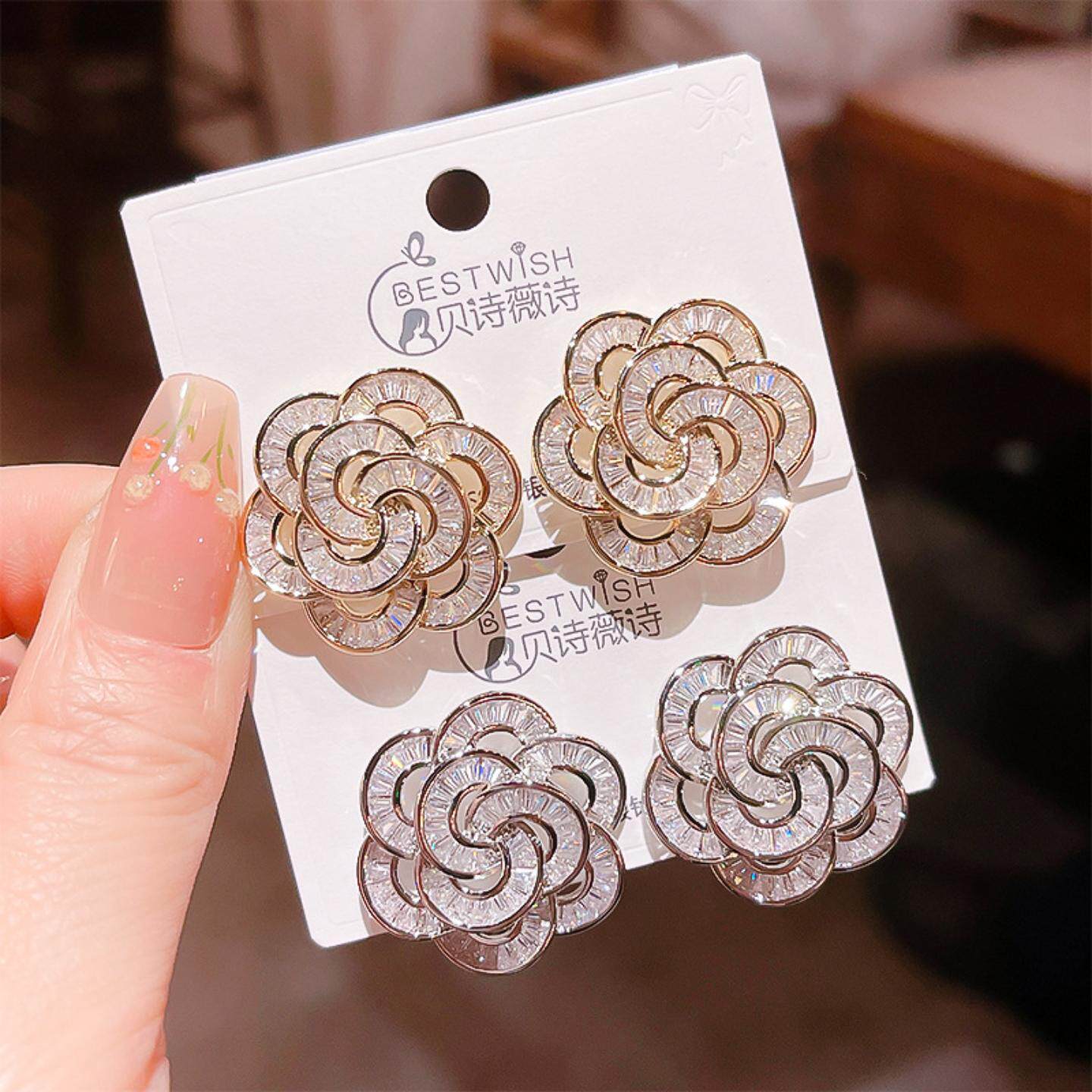925银针锆石花朵耳钉法式小众
