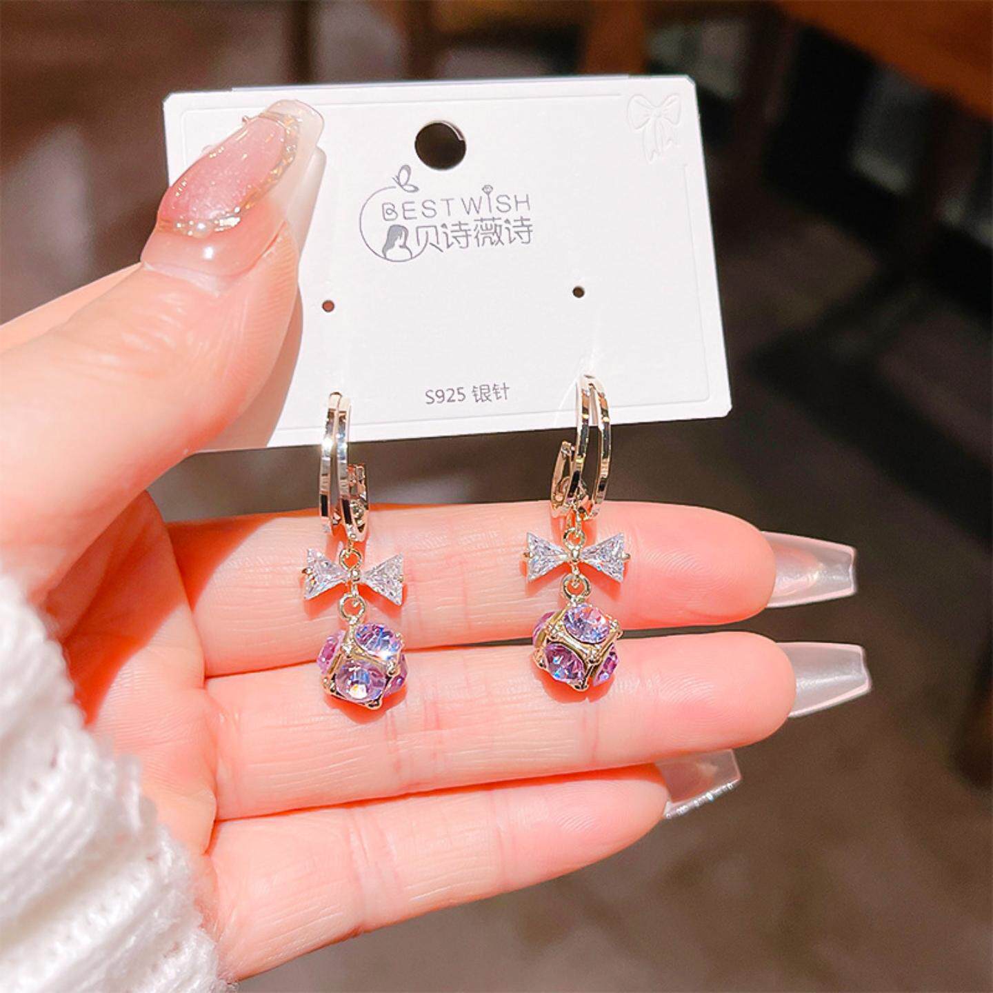 紫色锆石蝴蝶结钻球耳环女设计感