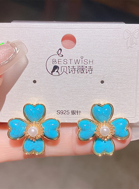 18K真金电镀复古绿松石珐琅花朵