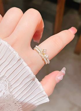 【品质款】珍珠蝴蝶结天然贝母锆石戒指 女韩版精致简约百搭戒指