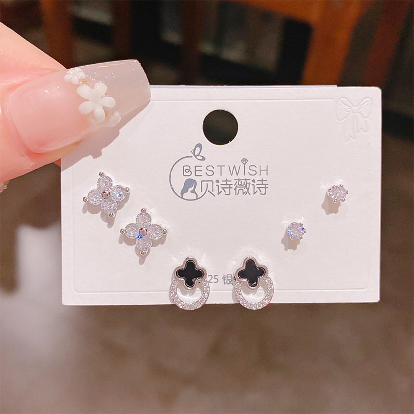 银针气质四叶花朵锆石珍珠三对装