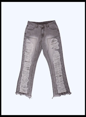 BrokenSword 欧美街头刀割破坏水洗宽松阔腿堆叠直筒牛仔裤男女