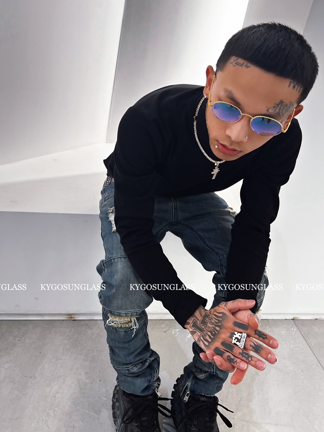 kygosunglass 欧美嘻哈复古街头椭圆麻花框彩膜金属男女墨镜眼镜