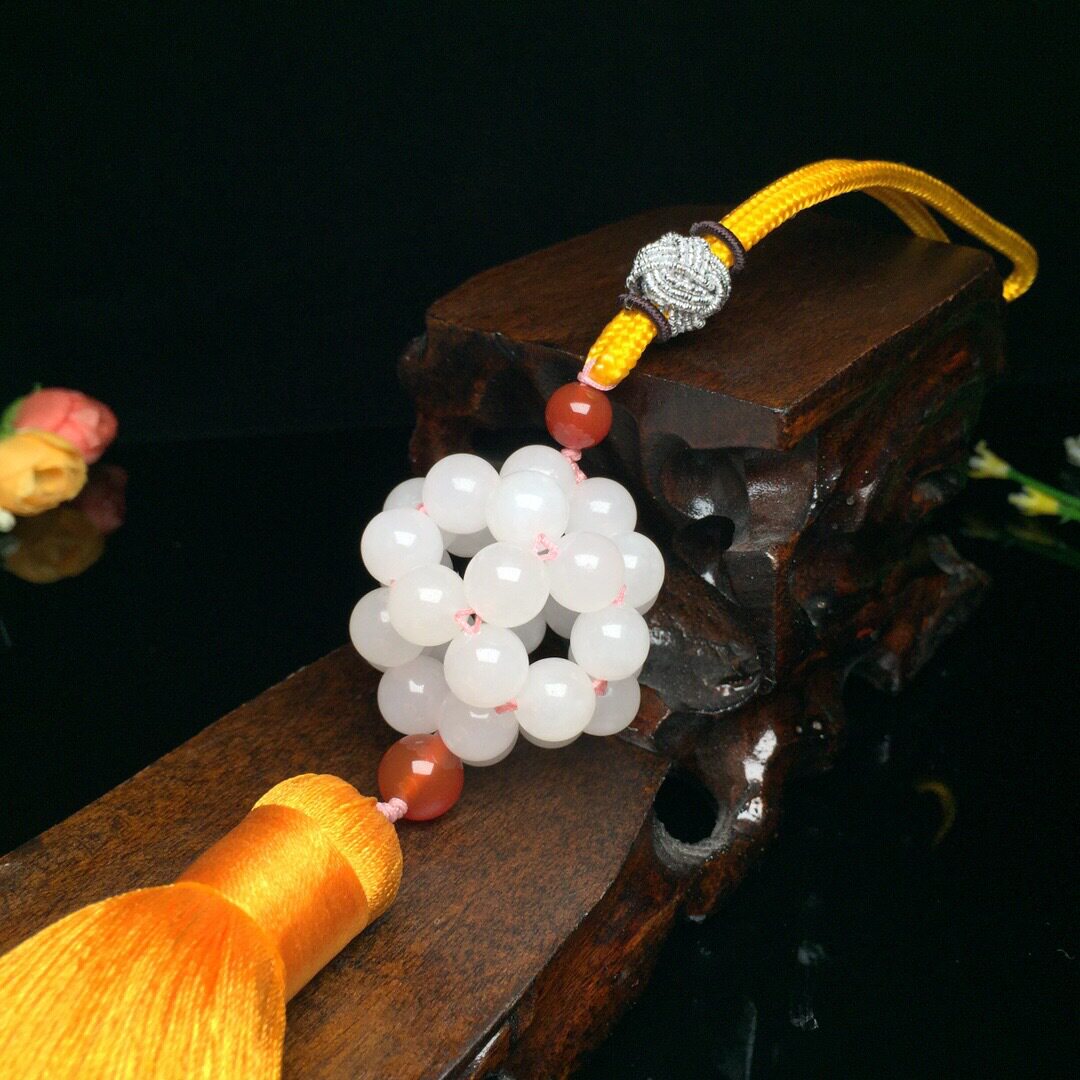 支持鉴定代发/送证书 和田玉车挂手工编织10mm白玉珠汽车挂饰挂件