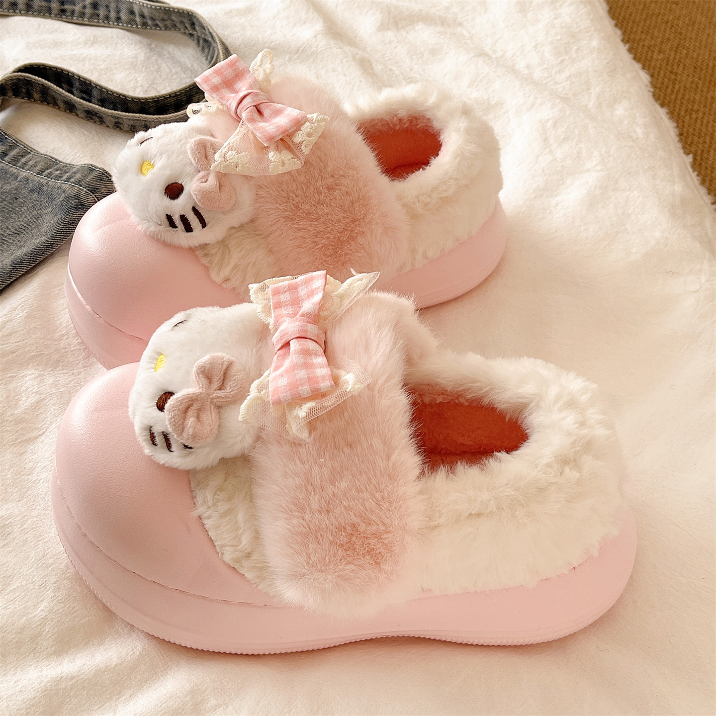 俏绘可爱蝴蝶结猫咪厚底包跟棉鞋