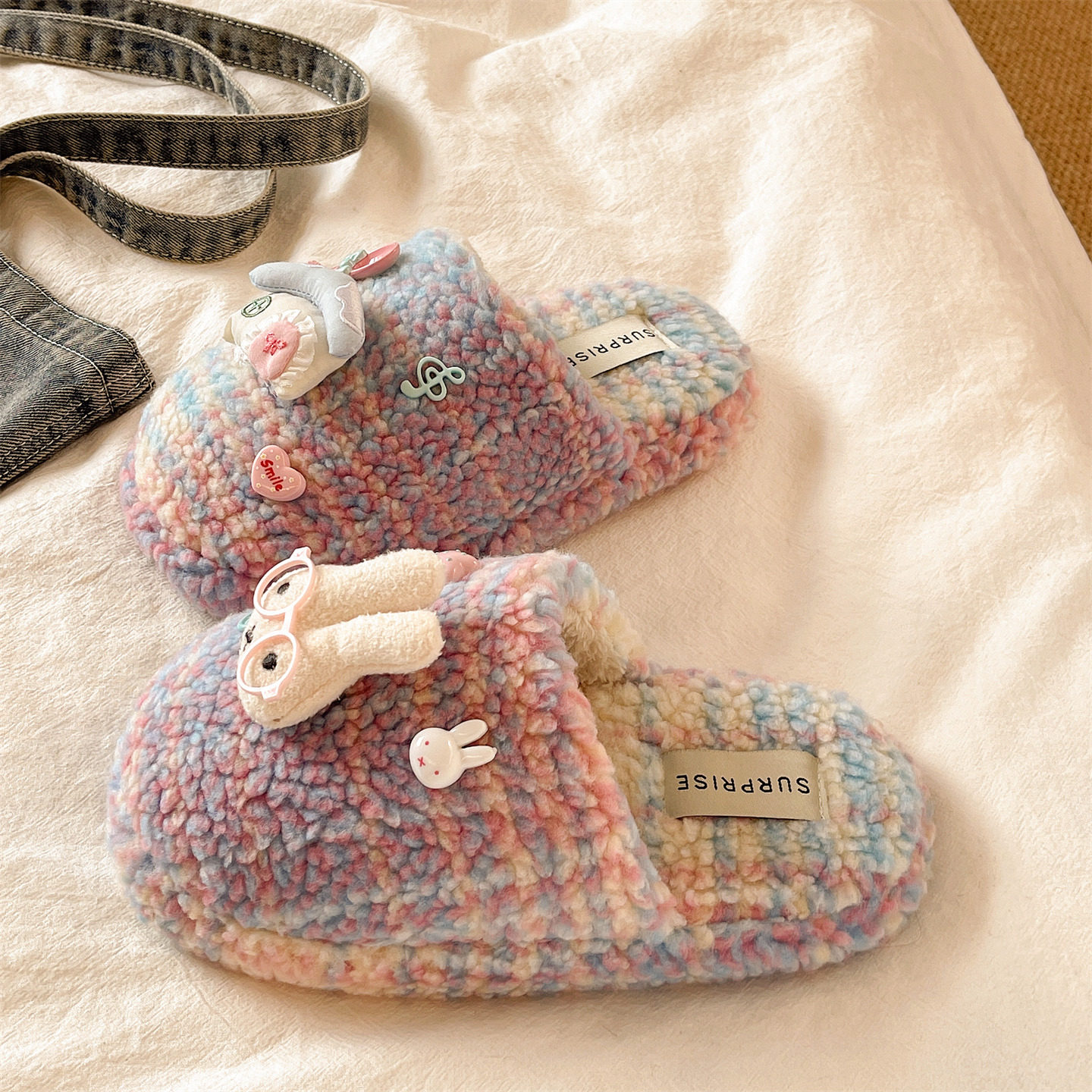 可爱眼镜兔彩虹色棉拖鞋女冬季居家室内毛绒保暖防滑软底毛毛拖鞋,女鞋,毛毛鞋,淘宝优惠券,粉丝福利购,淘宝优惠卷