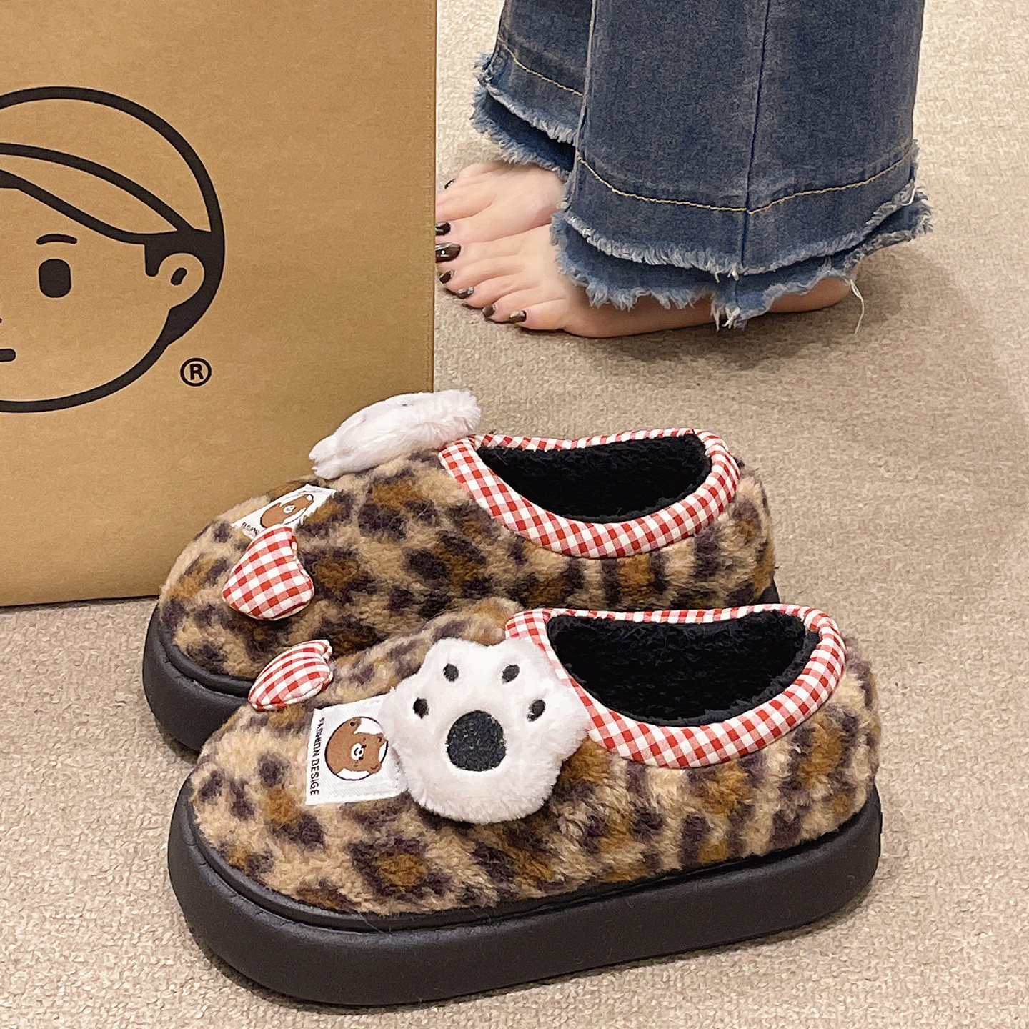 可爱猫爪爱心豹纹棉拖鞋女冬季厚底包跟外穿居家防滑保暖加绒棉鞋