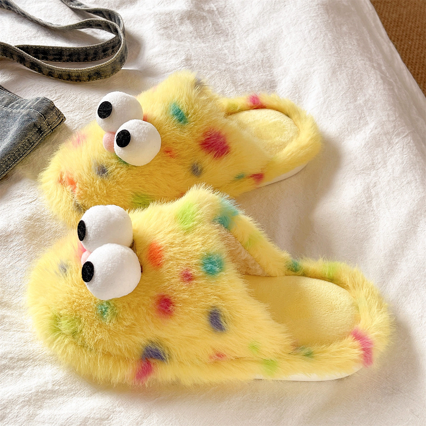 可爱大眼睛彩点毛毛鞋女冬季室内家居加绒保暖静音防滑包头棉拖鞋,女鞋,毛毛鞋,淘宝优惠券,粉丝福利购,淘宝优惠卷