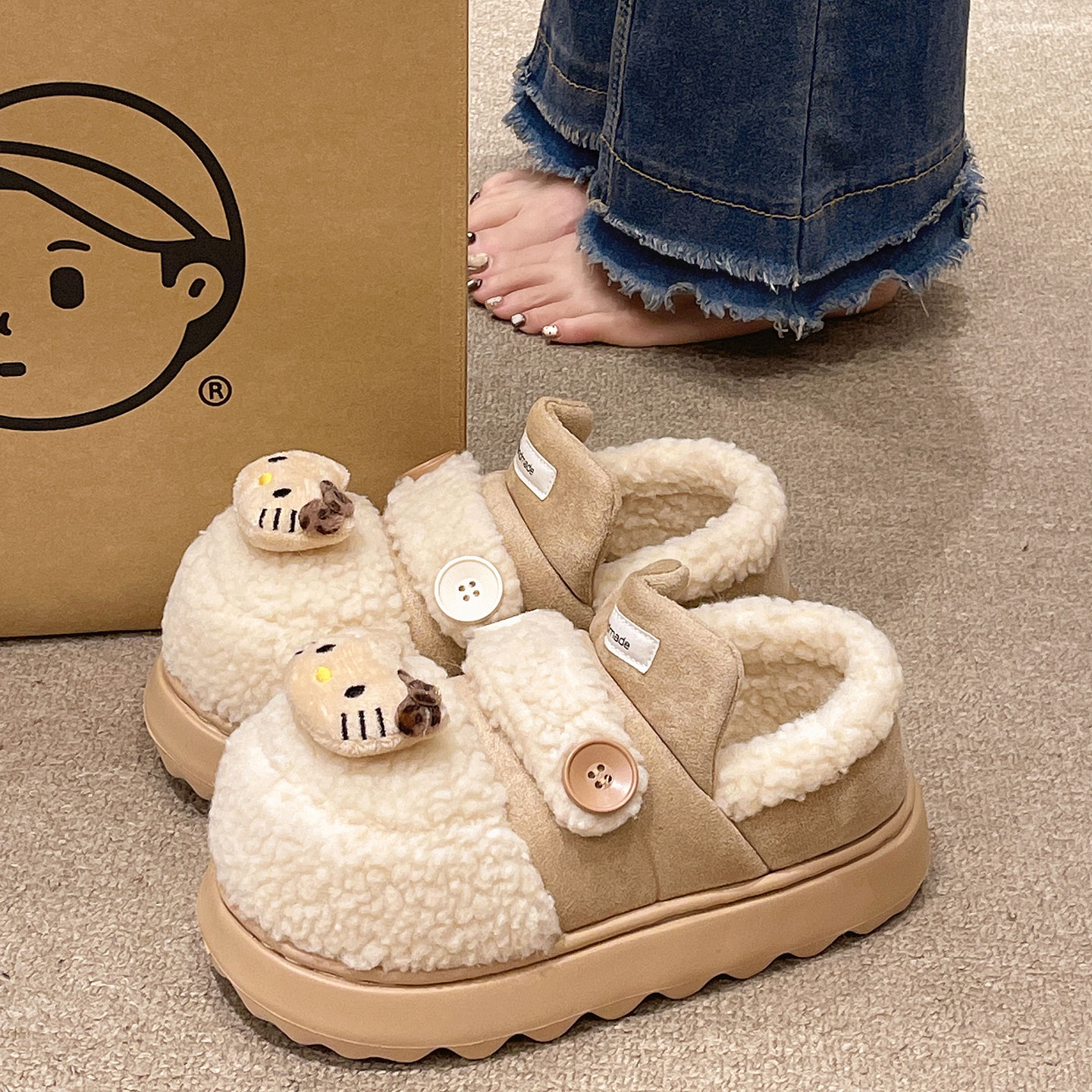 俏绘可爱猫咪纽扣加绒包跟棉鞋