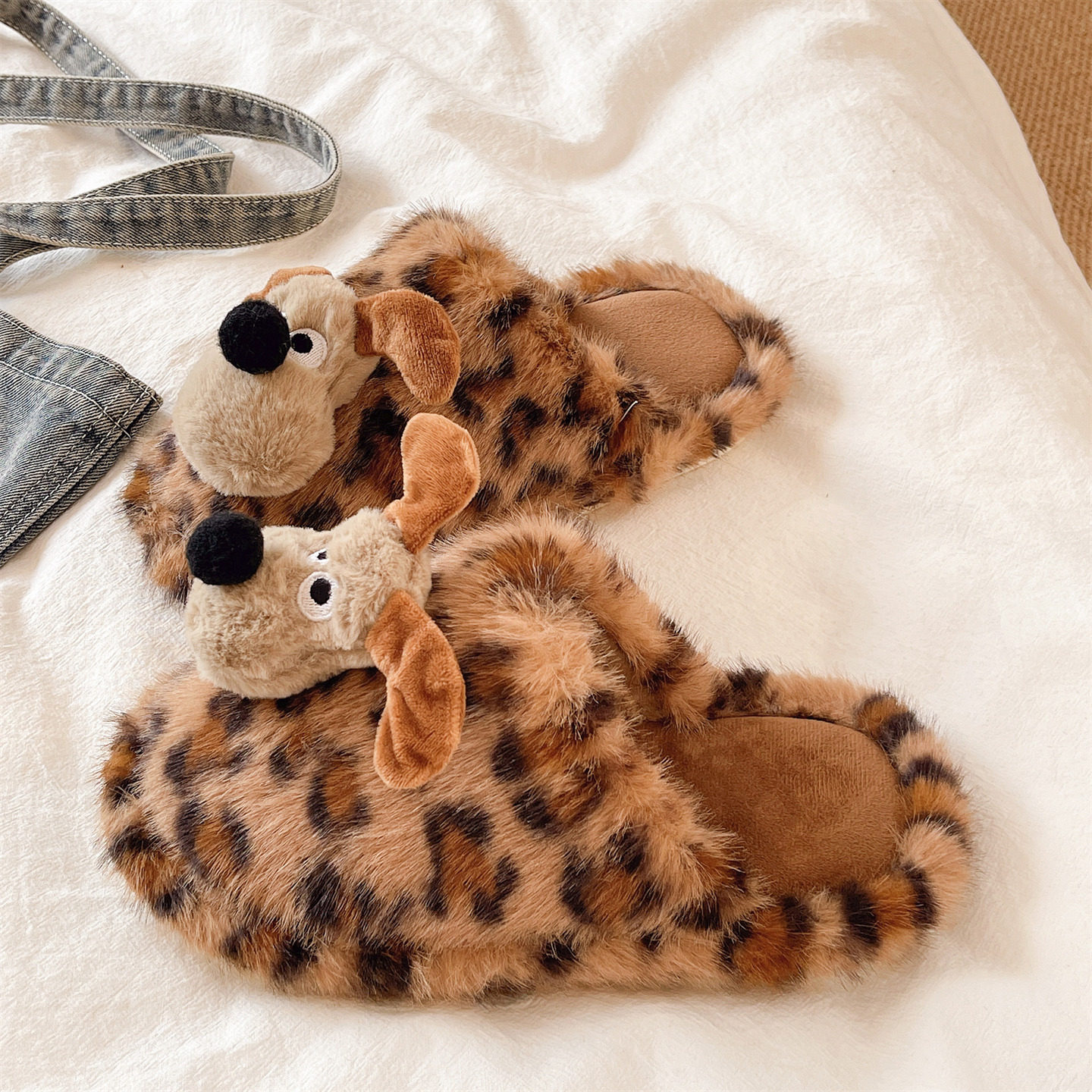 可爱狗狗豹纹毛毛拖鞋女冬季室内居家软底静音防滑保暖毛绒棉拖鞋,女鞋,毛毛鞋,淘宝优惠券,粉丝福利购,淘宝优惠卷