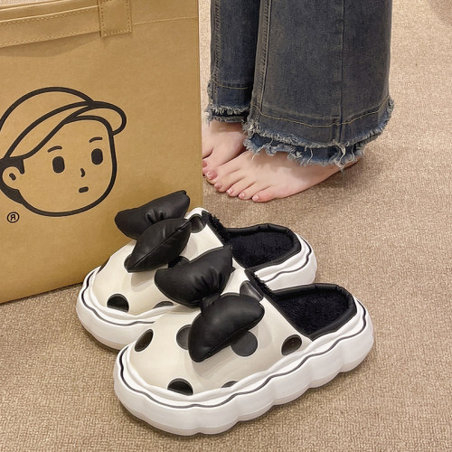 蝴蝶结波点保暖厚底棉拖鞋