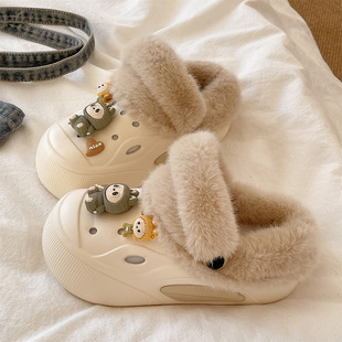 外穿加绒保暖包头防滑厚底居家棉拖鞋 冬季 女款 可爱搞怪兔子洞洞鞋