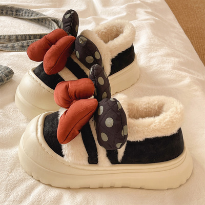 俏绘可爱蝴蝶结厚底包跟棉拖鞋