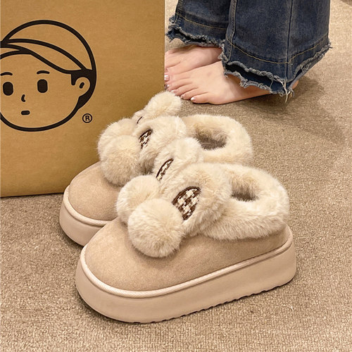 可爱兔耳朵加绒保暖棉拖鞋
