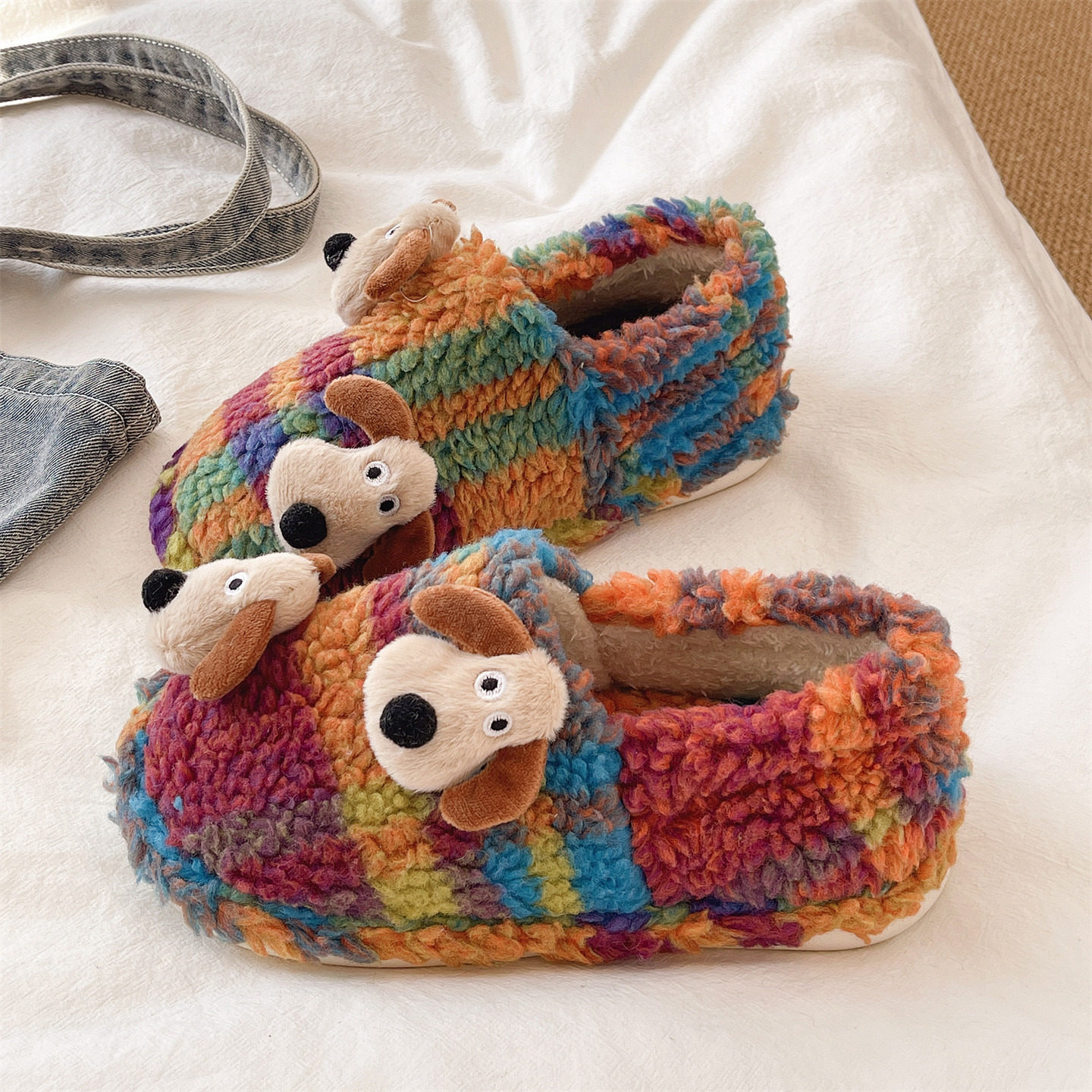 卡通可爱小狗拼色棉鞋女冬季室内居家保暖包跟厚底防滑毛绒棉拖鞋,女鞋,毛毛鞋,淘宝优惠券,粉丝福利购,淘宝优惠卷