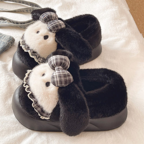 俏绘可爱蝴蝶结小狗包跟棉拖鞋