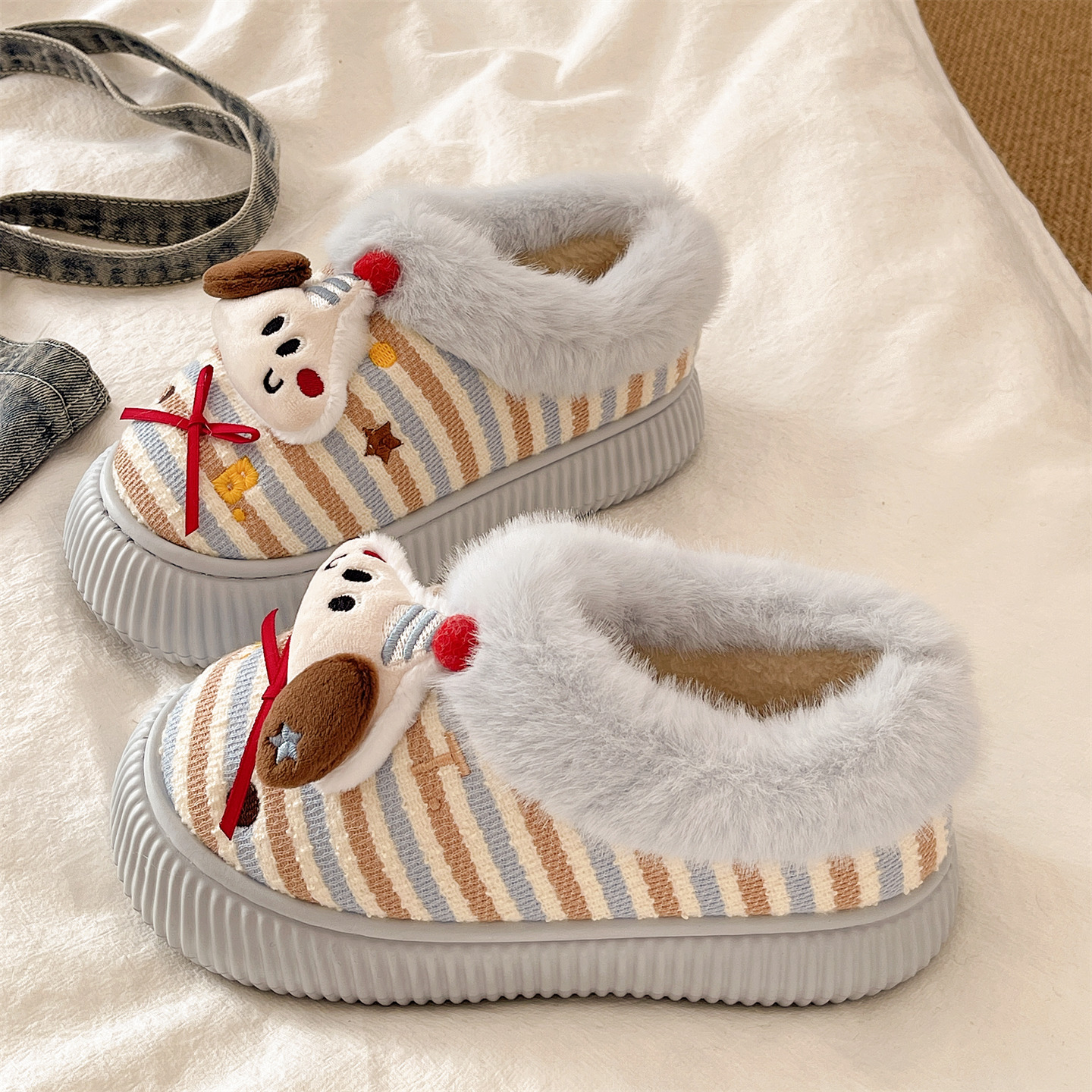 俏绘可爱条纹小狗加绒包跟棉拖鞋