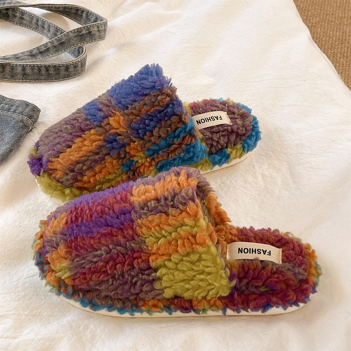 时尚格子拼色毛毛拖鞋女冬季室内居家包头防滑毛绒保暖月子棉拖鞋