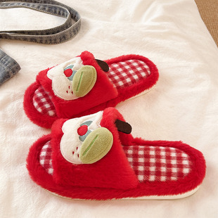 少女心可爱苹果学生宿舍居家防滑保暖一字棉拖鞋 毛毛拖鞋 女秋冬季