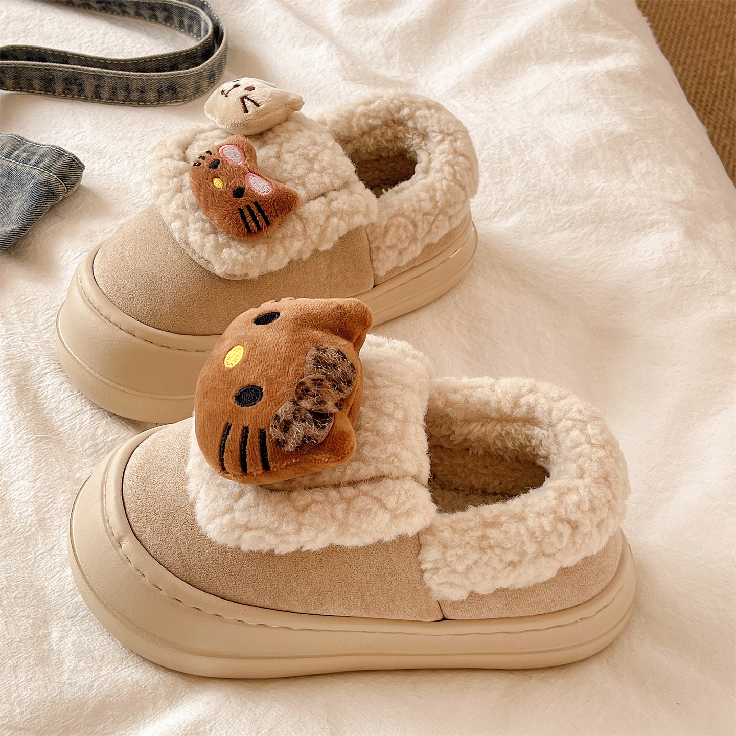 俏绘可爱猫咪厚底保暖包跟棉鞋