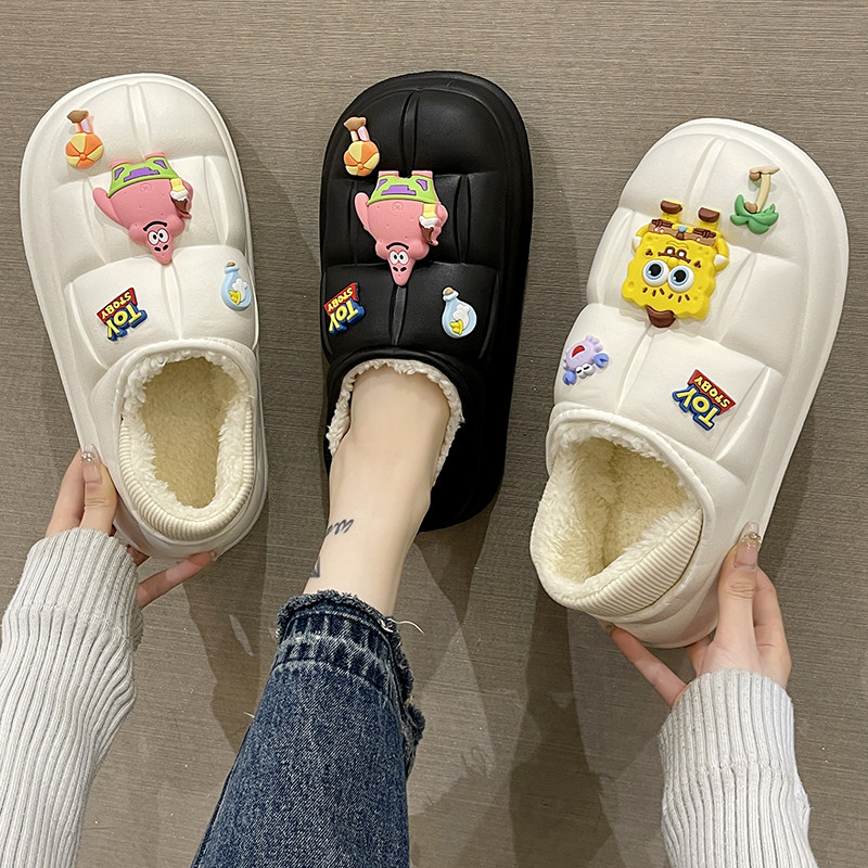可爱棉拖鞋女冬季室内家居厚底防滑防水加绒保暖孕妇月子包跟棉鞋