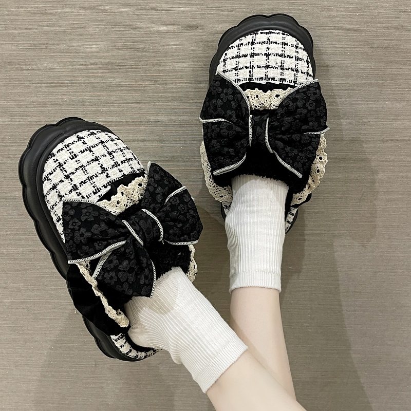 时尚拼色蝴蝶结厚底棉拖鞋