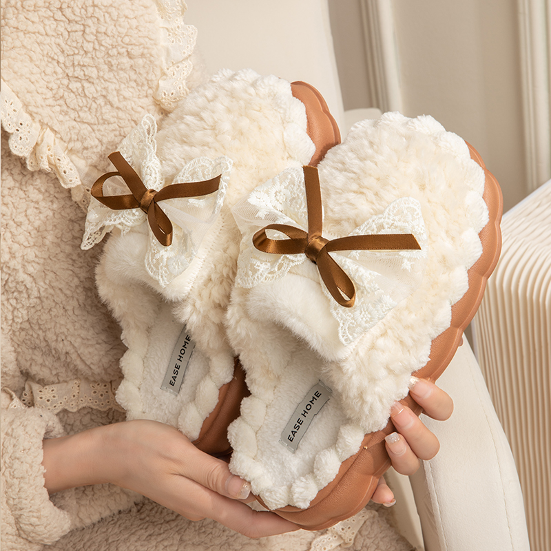 秋冬季女士蝴蝶结厚底保毛绒拖鞋