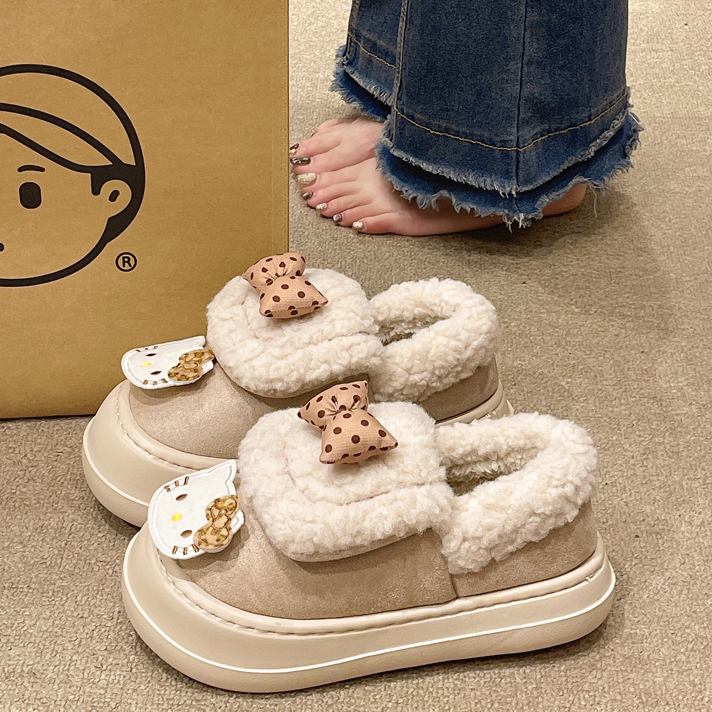 俏绘可爱卡通猫咪厚底包跟棉拖鞋