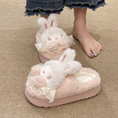 居家外穿加绒加厚保暖棉拖鞋 新款 冬季 蕾丝边可爱毛绒兔兔棉拖女款