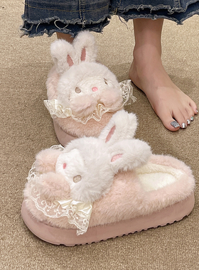 蕾丝边可爱毛绒兔兔棉拖女款冬季新款居家外穿加绒加厚保暖棉拖鞋