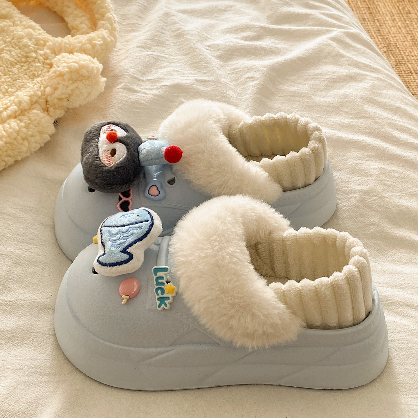 厚底可拆卸棉拖鞋女冬季新款加绒保暖包跟室内穿可爱企鹅小鱼棉鞋,女鞋,毛毛鞋,淘宝优惠券,粉丝福利购,淘宝优惠卷