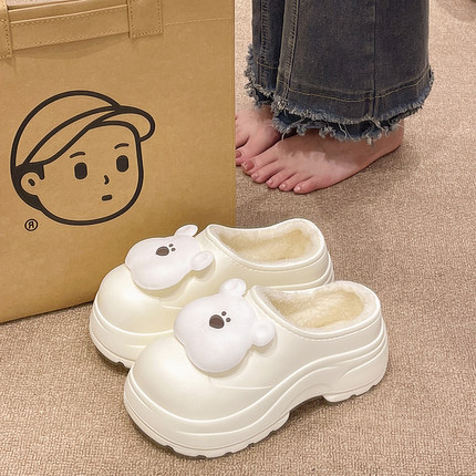 厚底增高棉拖鞋女冬季卡通可爱小熊防水防滑加绒保暖包跟外穿棉鞋