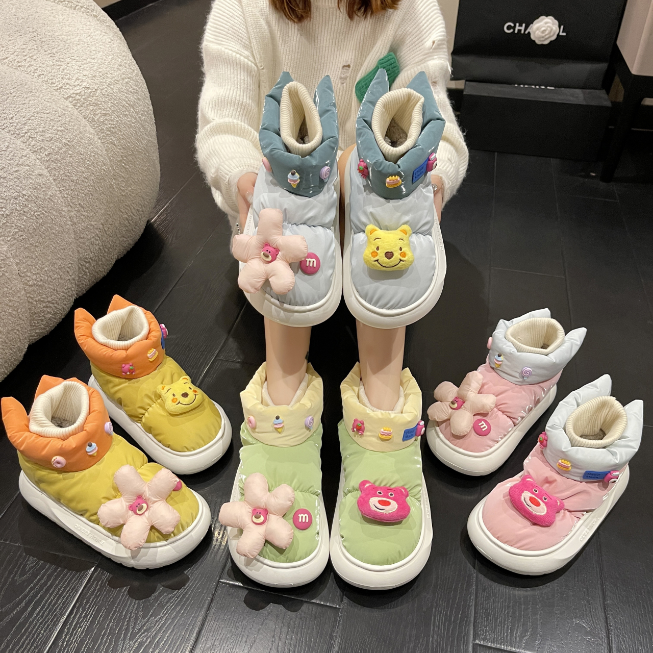 可爱草莓熊加绒加厚保暖雪地靴