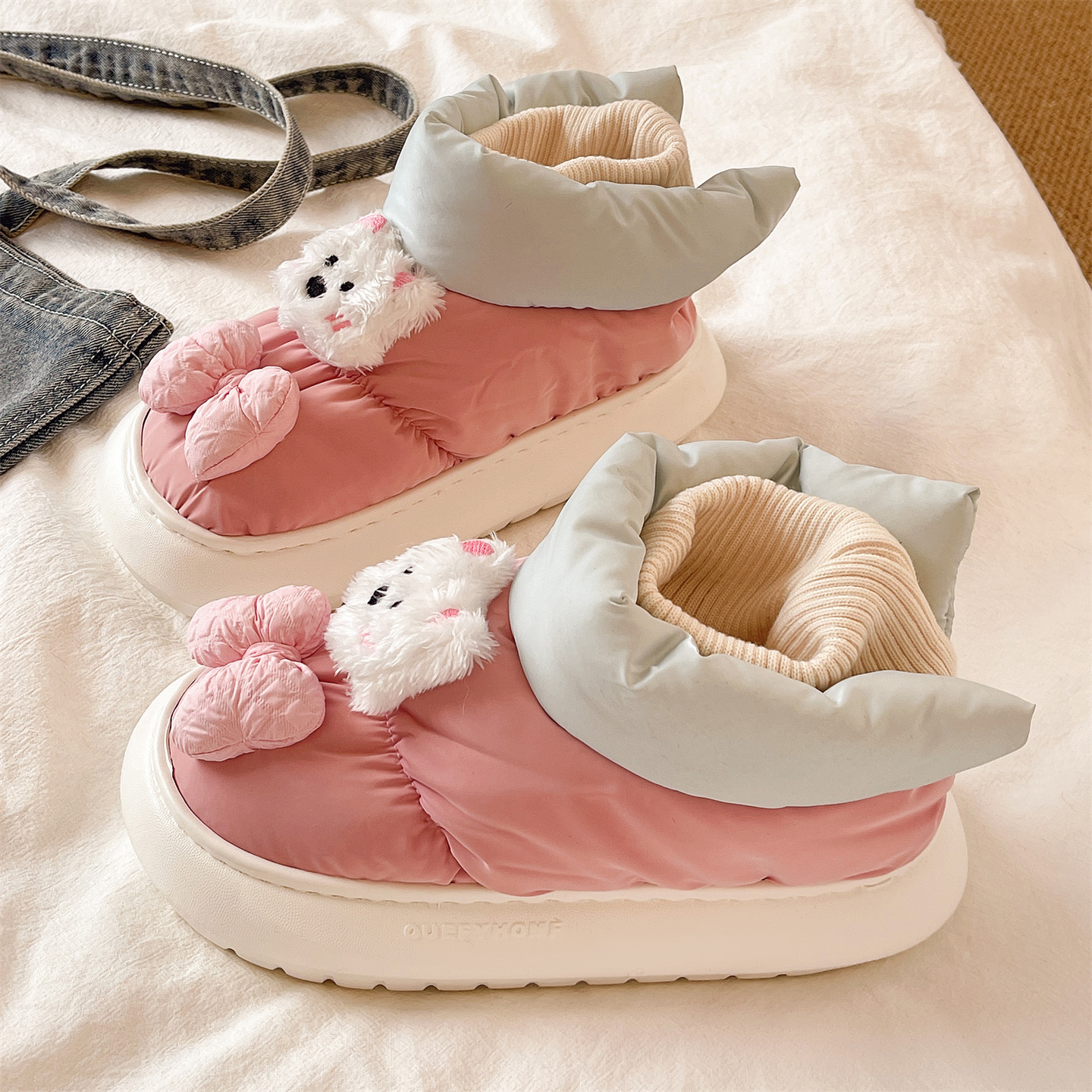 俏绘可爱小狗蝴蝶结防水包跟棉鞋