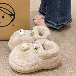 学生宿舍毛绒保暖室内居家防滑厚底棉拖鞋 可爱猫鱼包跟棉鞋 女冬季