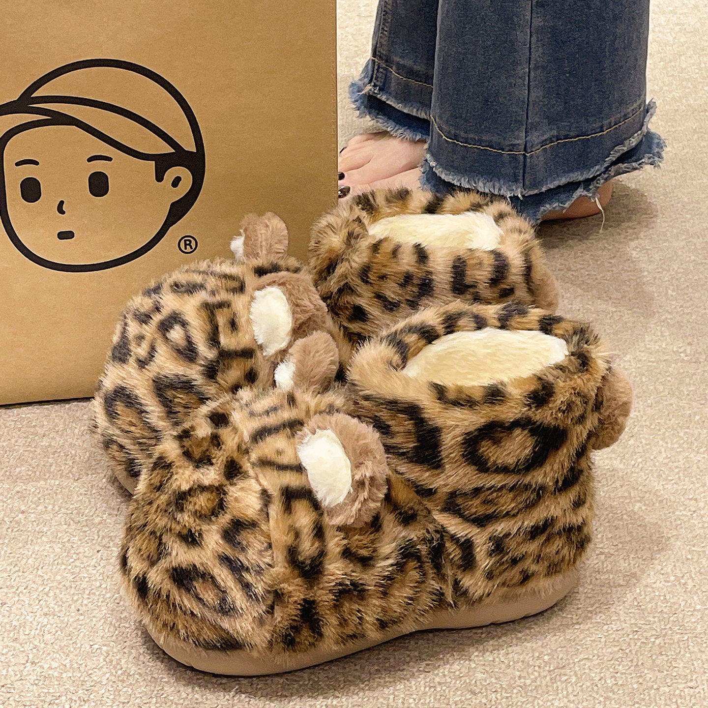 可爱豹纹棉拖鞋女冬季厚底防滑居家加绒加厚高帮包跟保暖外穿棉鞋