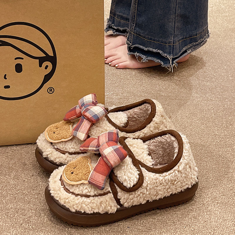 可爱格子蝴蝶结小熊包跟棉鞋