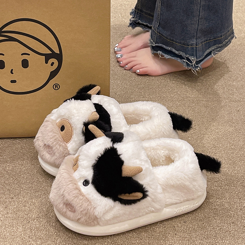 可爱奶牛厚底踩屎感保暖包跟棉鞋