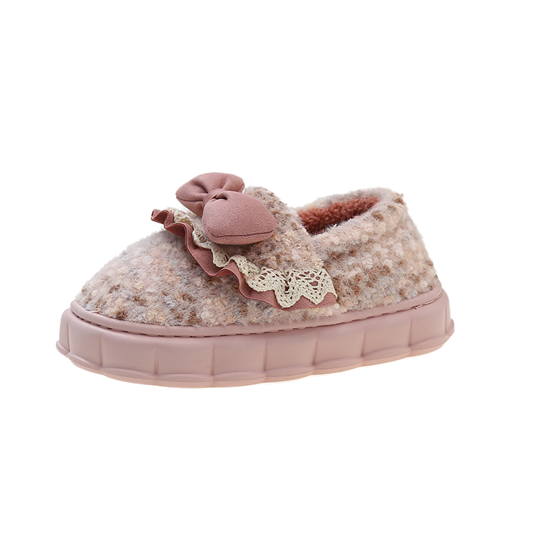 包跟棉鞋女冬季可爱花边蝴蝶结厚底室内居家防滑毛绒绒保暖棉拖鞋