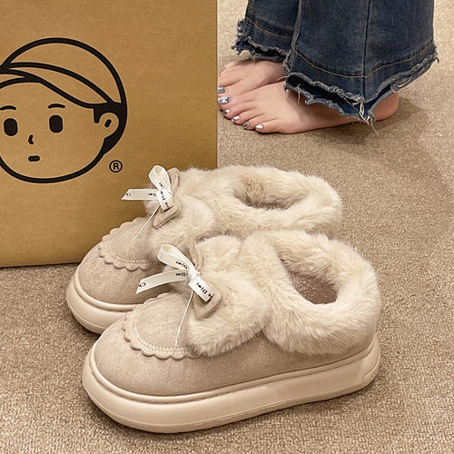 时尚蝴蝶结包跟棉拖鞋