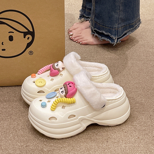 室内外穿可爱女孩加绒保暖厚底增高包头毛毛拖鞋 洞洞棉拖鞋 女冬季