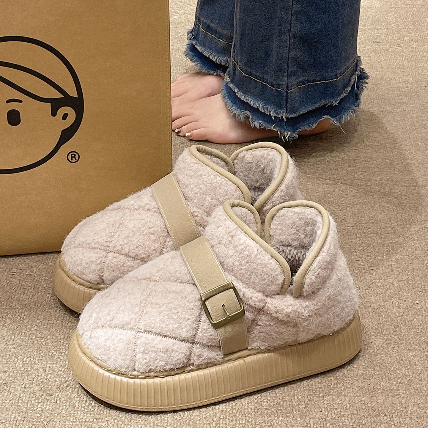 俏绘时尚格子厚底保暖包跟棉鞋