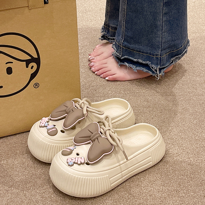 可爱蝴蝶结鞋带洞洞鞋女夏季学生室内外穿增高厚底包头防滑凉拖鞋
