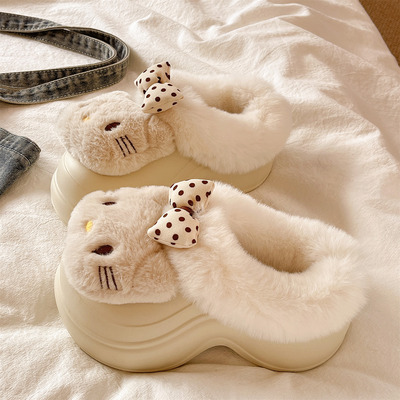 俏绘可爱猫咪低包跟保暖棉拖鞋