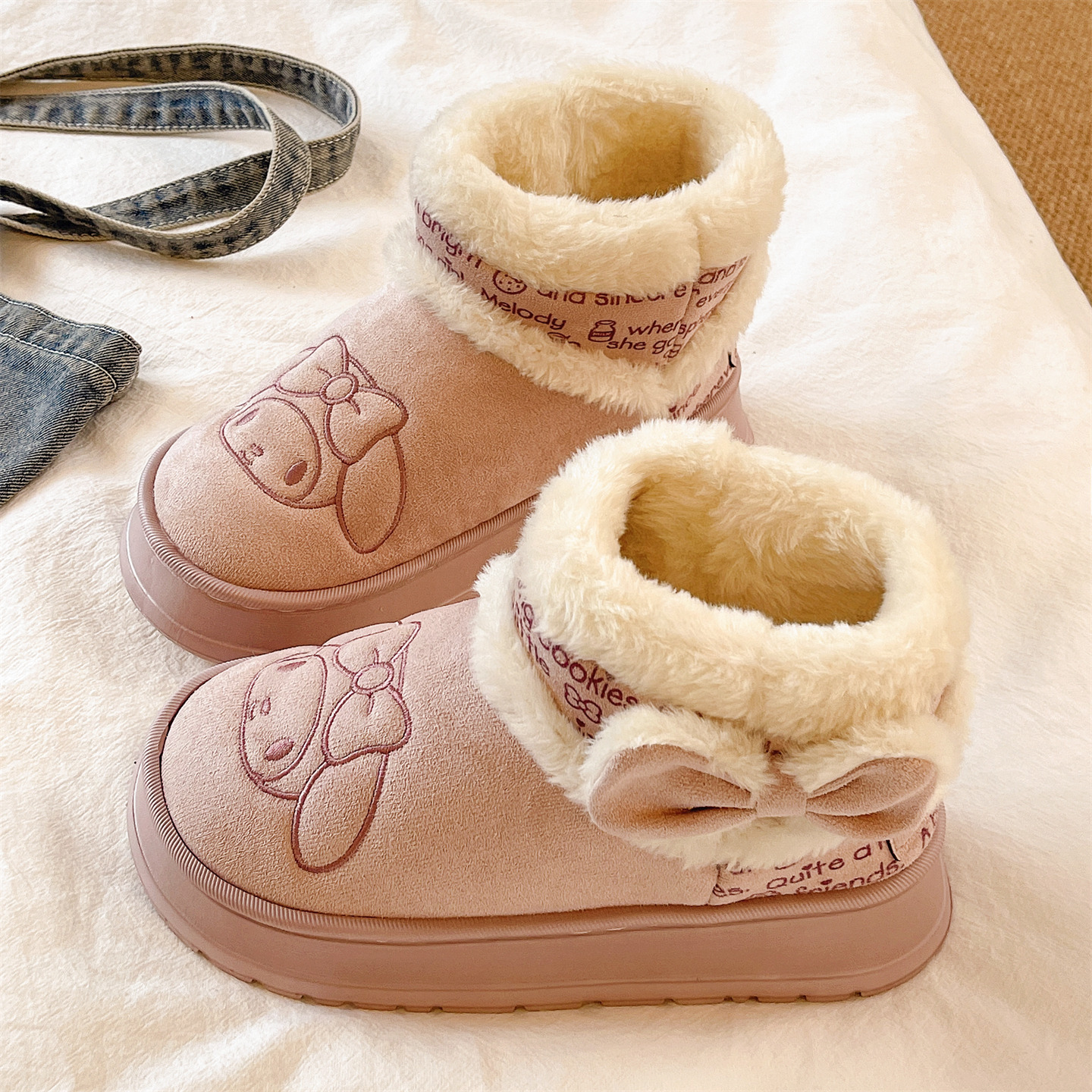 俏绘可爱卡通加绒高帮包跟棉鞋