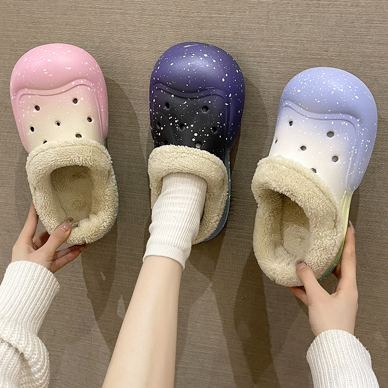 时尚渐变色加绒洞洞棉拖鞋