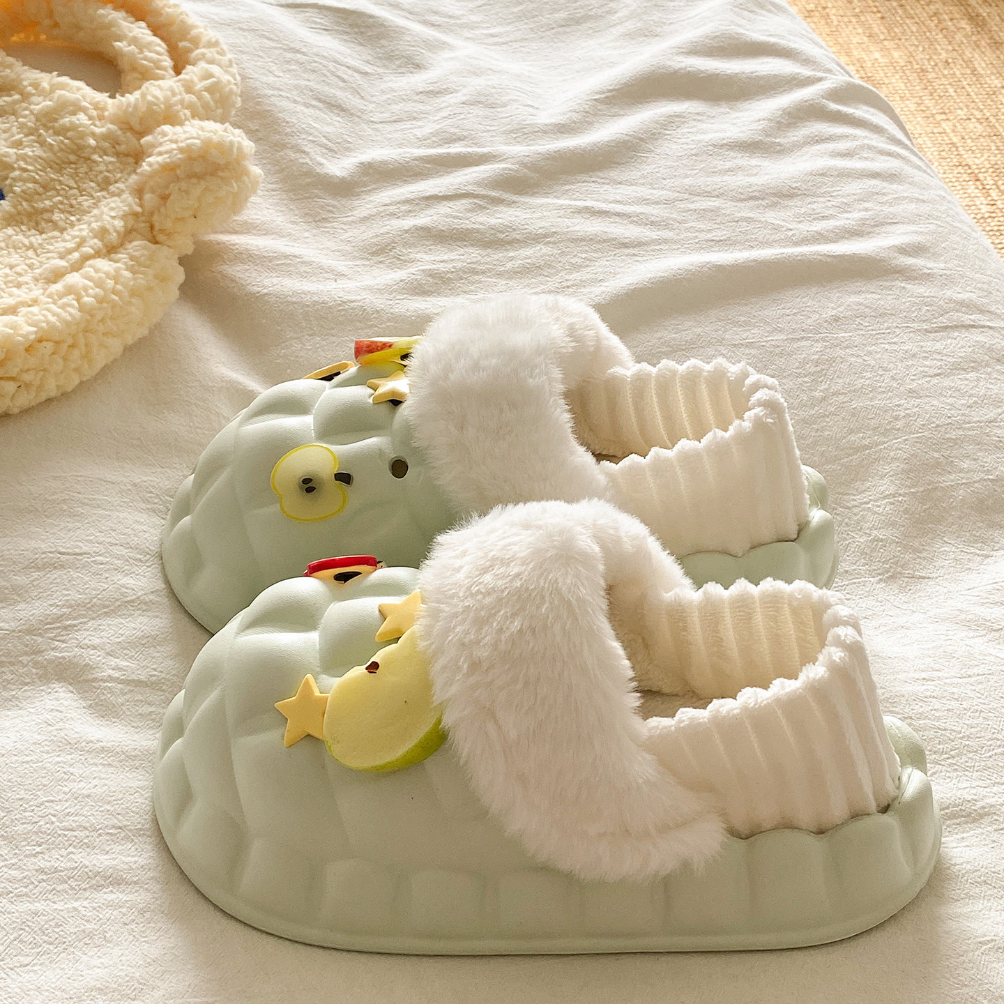 可拆卸防水棉拖鞋女款冬季家居外穿可爱星星苹果加绒保暖包跟棉鞋,女鞋,毛毛鞋,淘宝优惠券,粉丝福利购,淘宝优惠卷